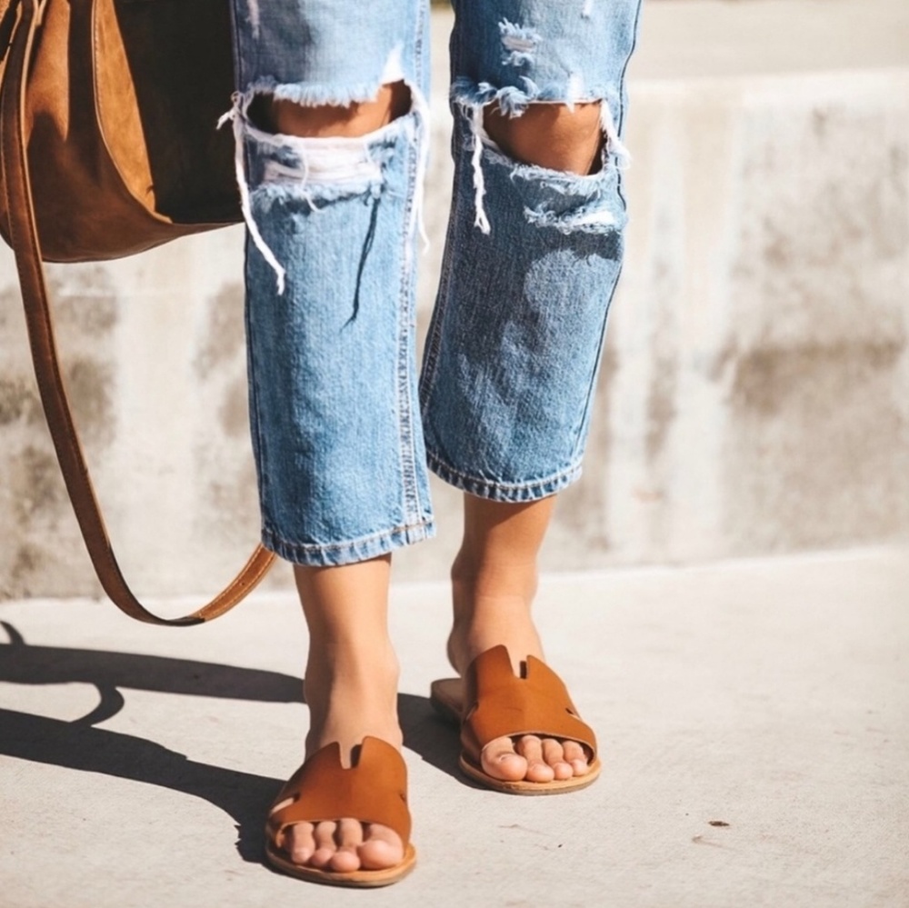 Cognac Slide Sandals Vegan Leather Trendy Summer